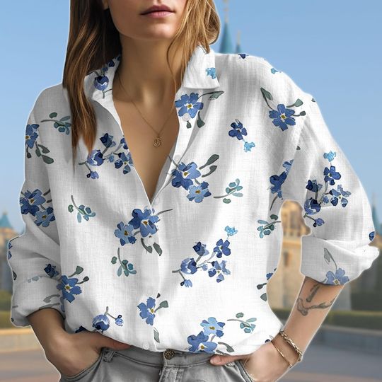 Discover Scorpion Grasses Blouse Shirt, Forget Me Not Floral Button Down Top, Blue Wildflower Long Sleeve Shirt, Romantic Cottagecore Blouse