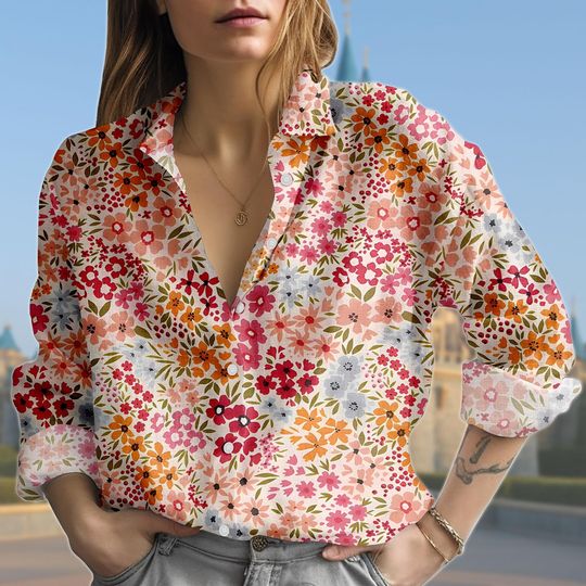 Discover Colorful Floral Blouse Shirt, Vibrant Flower Print Button Down Top, Summer Garden Shirt for Women, Bright Botanical Button Down Blouse