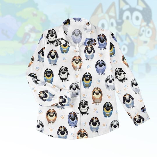 Discover Blue Puppy Blouse Shirt, Cartoon Dog Family Blouse Top, Cute Dogs Button Shirt, Australian Puppy Print Shirt, Border Collie Print Shirt