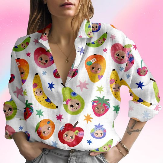 Discover Cute Fruit Blouse Shirt, Kawaii Food Button Women Shirt, Cartoon Print Women Top, Women Blouse Top, Gift for Her