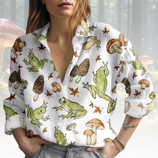 Discover Frog Mushroom Blouse Shirt, Frog Print Button Women Shirt, Nature Design Women Top, Women Blouse Top, Summer Vibes Shirt, Gift for Her