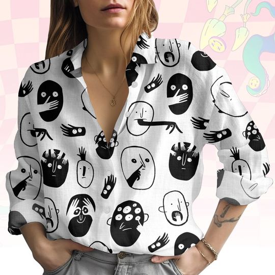 Discover Abstract Face Blouse Shirt, Quirky Art Button Women Shirt, Graphic Women Top, Women Blouse Top, Gift for Art Lover