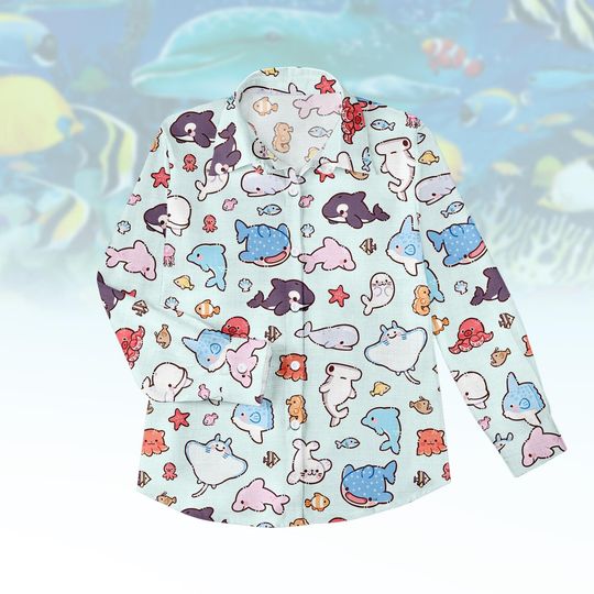 Discover Ocean Cartoon Blouse Shirt, Whale Button Women Shirt, Cute Sea Life Women Top, Women Blouse Top, Gift for Girls