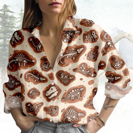 Discover Dinosaur Blouse Shirt, Fossil Print Button Women Shirt, Paleontology Women Top, Women Blouse Top, Gift for Archaeology