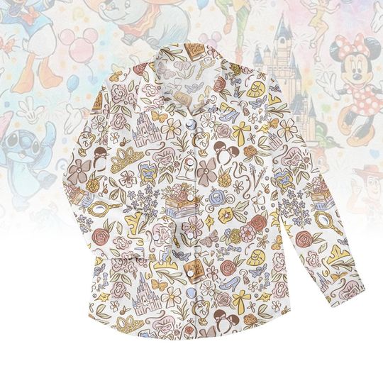 Discover Disney Cartoon Art Blouse Shirt, Mickey Mouse Button Women Shirt, Disney Trip Outfit, Cute Disney Icons Project Shirt, Gift for Disney