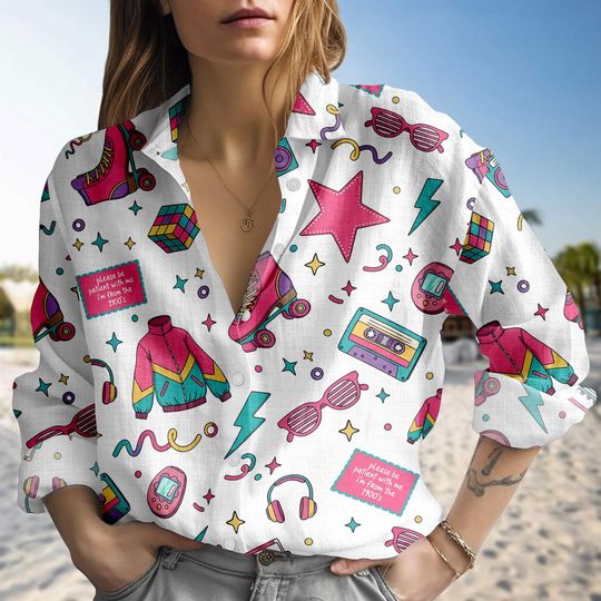 Discover Retro 80s Blouse Shirt, Vintage Pattern Button Women Shirt, Funky Women Top, Women Blouse Top, Gift for Retro Fans