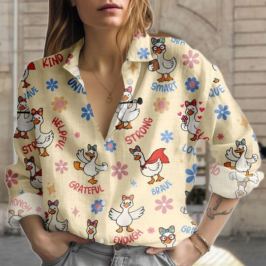 Discover Cartoon Duck Blouse Shirt, Cute Button Women Shirt, Goose Women Top, Women Blouse Top, Gift for Her