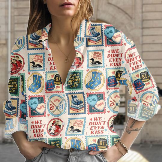 Discover Romantic Hockey Blouse Shirt, Bookish Button Up Shirt, Cute Love Stamp Long Sleeve Women Top, Hockey Couple Women Shirt, Gift For Her