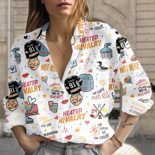 Discover Romance Women Blouse Shirt, Bookish Button Up Shirt, Heated Rivalry Long Sleeve Women Top, Hockey Couple Women Shirt, Gift For Her