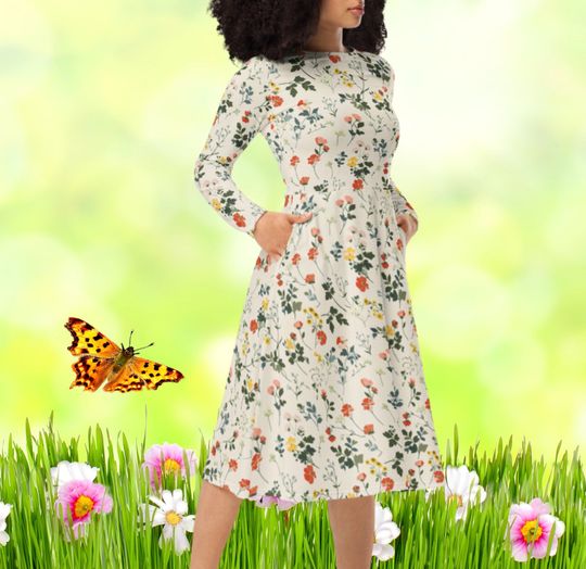 Discover Wildflowers long sleeve midi dress with pockets, Floral Print, Spring Dress, Easter Outfit, Large Sized Dresses, Modest Dress
