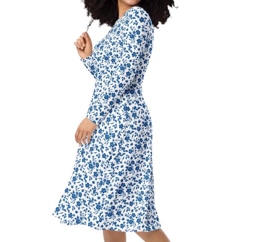Discover Blue Flowers long sleeve midi dress with pockets for women, Plus Size Dresses, Womens Clothing, Fleur de joy Dress Gift for Her, Floral