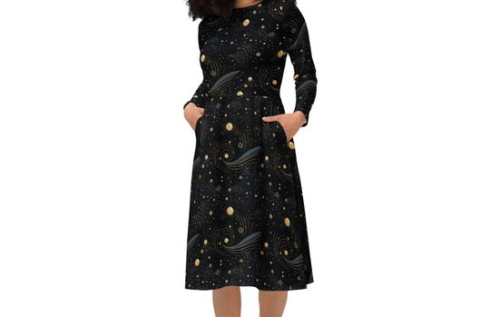 Discover Celestial long sleeve midi dress with pockets, Celestial Dress, Plus Size Dress, Long Sleeve Dress, Cottagecore Dress