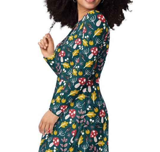 Discover Wild Mushrooms long sleeve midi dress with pockets, Botanical Dress, Cottagecore Vibes, Fairycore Design, Gifts for her