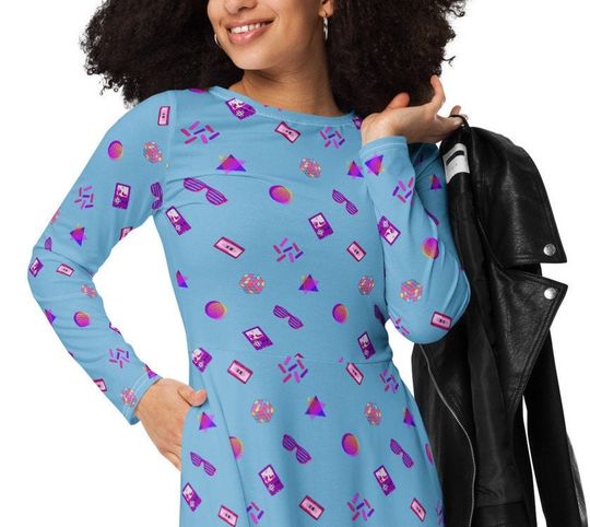 Discover 80s Baby All-over print long sleeve midi dress with pockets, 80s Nostalgia, Fun Dress, Plus Sizes Available