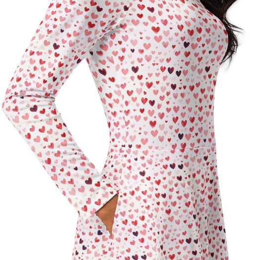 Discover Hearts long sleeve midi dress, Valentine's Day Dress, Red and Pink Dress With Pockets, Gifts For Her, Valentines Dress