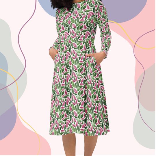 Discover Tropical Leaves long sleeve midi dress with pockets, Pink & Green Dress, Plus Size Dresses, Plant Mom Gift, Spring Dress