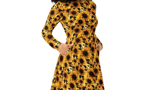 Discover Sunflower long sleeve midi dress, Modest Dress, Sunflower Dress, Spring Outfit, Plant Mom Gift, Gift For Her, Dress with Pockets