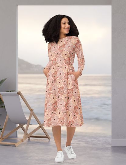 Discover Retro Floral long-sleeve midi dress with pockets, Boho Matisse Style, Plus Size Dresses, Modest Dress, Vintage Women's long-sleeve dress
