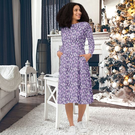 Discover Lavender Christmas long sleeve midi dress with pockets, Lilac X-mas Dress, Plus size dress, Holiday Dress, Christmas Midi, Modest Dress