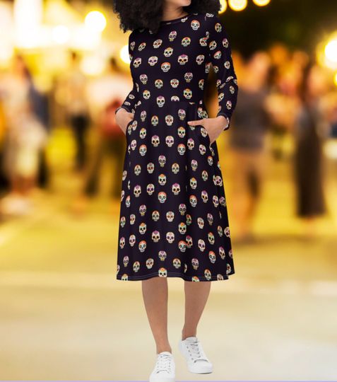 Discover Day of the Dead long sleeve midi dress with pockets, Sugar Skulls Dress, Halloween Dress, Da de los Muertos