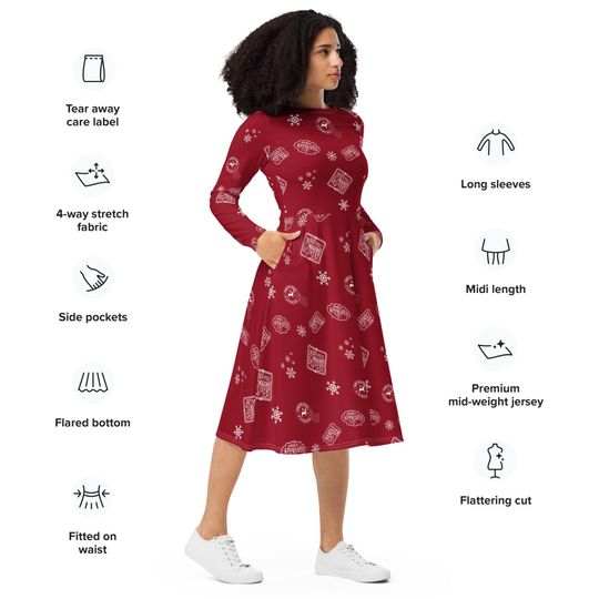 Discover Red North Pole Express long sleeve midi dress with pockets, Christmas Dress, Holiday Season, Women's Clothing, Plus Size Dress, X-Mas Dress