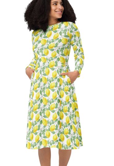 Discover Lemon print long sleeve midi dress, Dress with pockets, Floral print dress, Fruit & Flowers Dress, Lemon Dress, plus size dresses for women