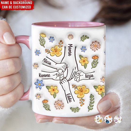 Discover Floral You Hold Our Hands Mug, Custom Kid Names, Personalized Custom 3D Inflated Effect Printed Mug, Birthday Gift For Mom/Grandma/Nana/Mimi