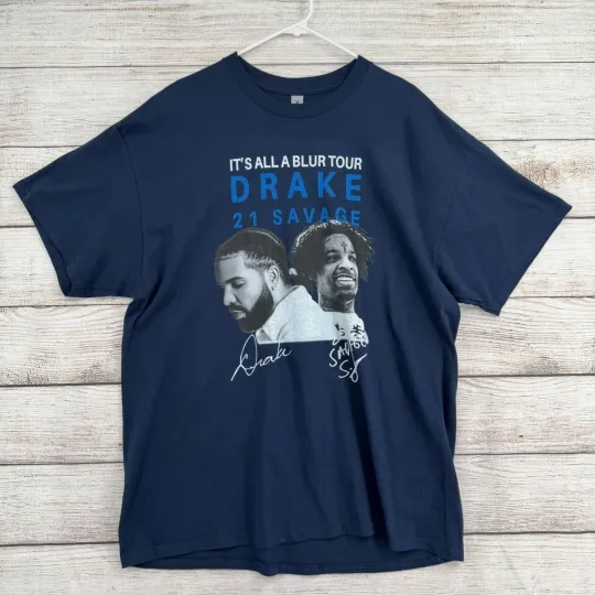 Discover Drake x 21 Savage It's All a Blur 2023 Tour T-Shirt Adult Blue Concert Merch
