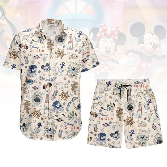 Discover Disney Cruise Button Shirt Shorts, Disney Cruise Hawaiian Shirt, Let's Cruise Summer Shirt, Minnie Mouse Hawaii Shorts, Family Gift
