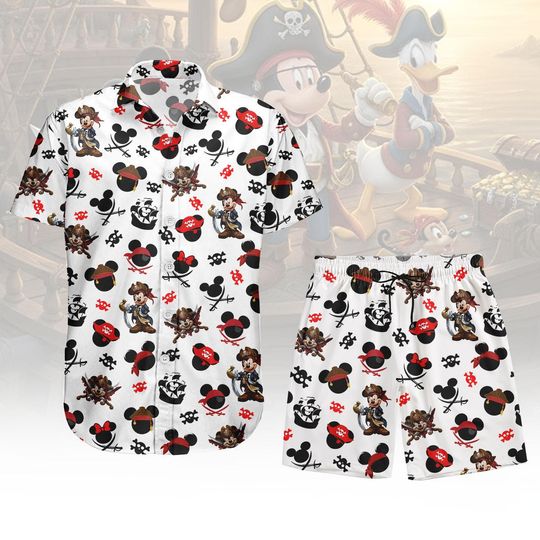 Discover Pirate Mouse Button Shirt Shorts, Cartoon Pirate Hawaiian Shirt, Adventure Theme Summer Shirt, Cartoon Pirate Hawaii Shorts, Holiday Gi