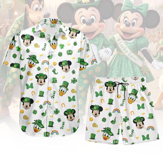 Discover Mickey Mouse St Patrick's Day Button Shirt Shorts, Disney Hawaiian Shirt, Lucky Holiday Summer Shirt, Goofy Hawaii Shorts, Gift for Fam