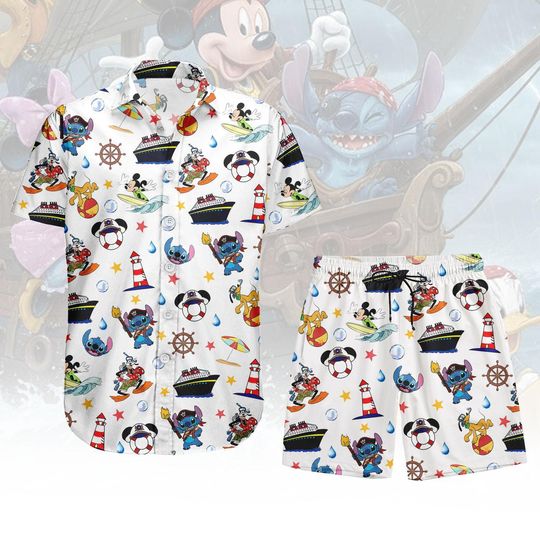 Discover Disney Stitch Button Shirt Shorts, Mickey Hawaiian Shirt, Cartoon Summer Shirt, Cruise Hawaii Shorts, Holiday Gift
