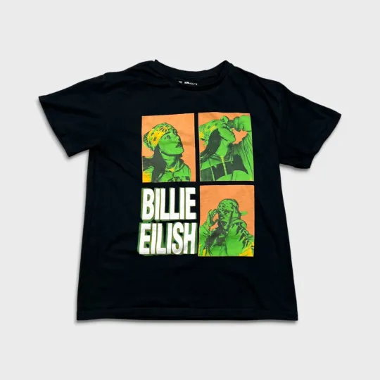 Discover Billie Eilish T Shirt Mens Large Black 3 Photo Logo Portrait Graphic Band Tee