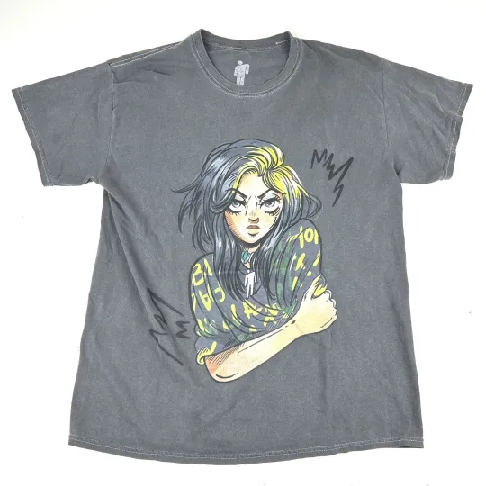Discover Billy Eilish Grey Anime Cartoon Graphic Merch Short Sleeve T-Shirt