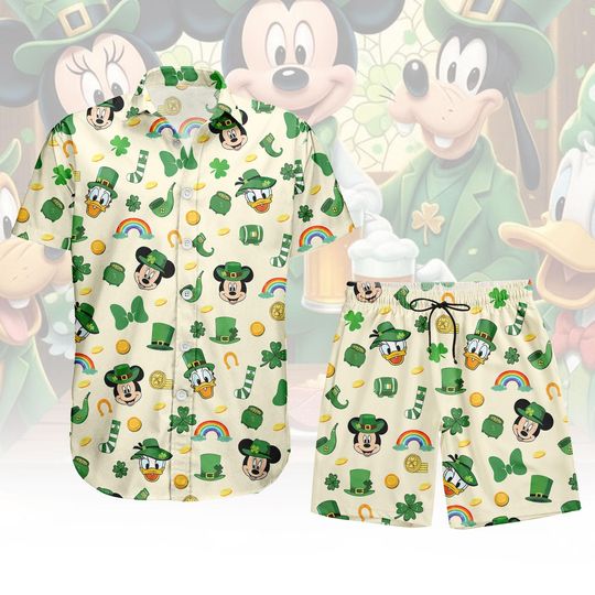 Discover St Patrick's Day Button Shirt Shorts, Disney Hawaiian Shirt, Mickey Summer Shirt, Irish Mickey Hawaii Shorts, Holiday Gift