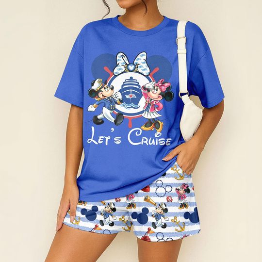Discover Mickey and Minnie Tshirt And Shorts, Disney Cruise Pajamas Woman Set, Cartoon Sleepwear, Mickey Satin Pajamas, Let's Cruise Pajamas Set