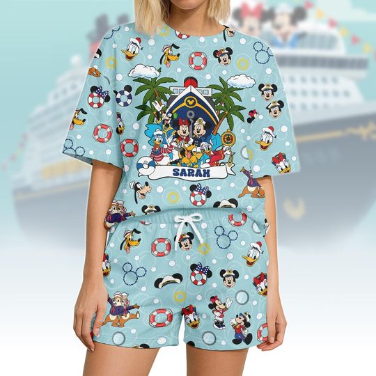 Custom Name Disney Cruise Tshirt And Shorts Set, Mickey Mouse Pajamas Set, Nautical Sleepwear, Disney Satin Pajamas, Disney Trip Gift