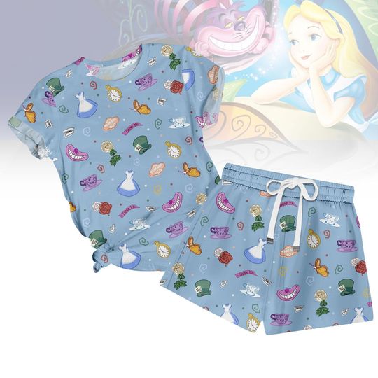Alice In Wonderland Tshirt And Shorts Pajamas, Disneyland Pajamas Set, Cute Sleepwear, Disney Pajamas, Disney Trip Nightwear Gift