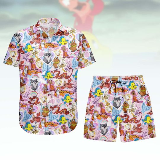 Discover Disney Characters Button Shirt And Shorts, Disney Animals Button Shirt, Cartoon Hawaii Shorts, Disney Wildlife Hawaiian Shirt, Fun Gift