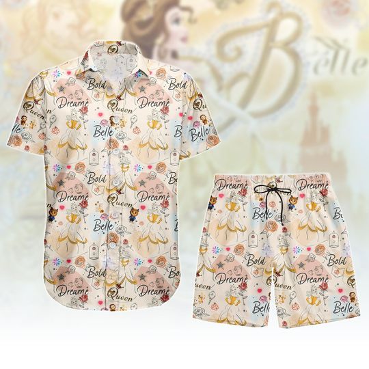 Belle Button Shirt And Shorts, Disney Belle Button Shirt, Belle Inspired Hawaii Shorts, Princess Hawaiian Shirt, Holiday Gift