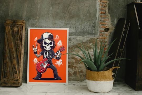 Rock and Roll Skeleton Poster: Guitar Playing Ghost Print