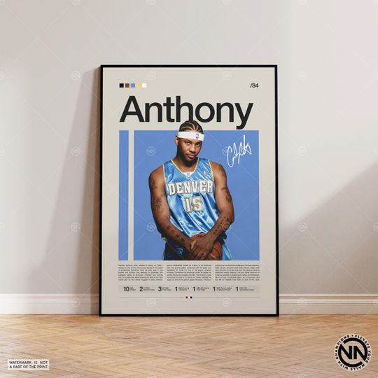 Discover Carmelo Anthony Poster, Denver Nuggets, NBA Poster, Sports Poster, Mid Century Modern, NBA Fans, Basketball Gift, Sports Bedroom Posters