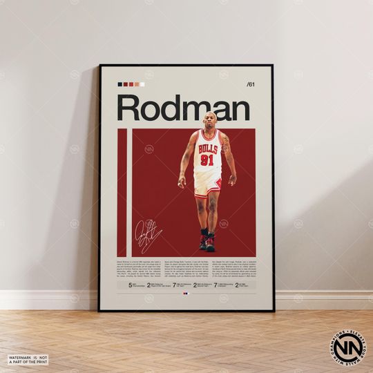 Dennis Rodman Poster, Chicago Bulls Poster, Sports Poster, Mid Century Modern, Basketball Gift, Sports Bedroom Posters