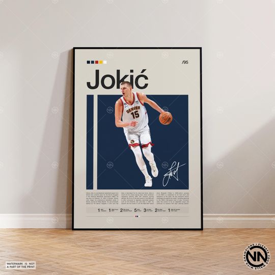 Discover Nikola Jokic Poster, Denver Nuggets Print, Sports Poster, Mid Century Modern, Basketball Gift, Sports Bedroom Posters