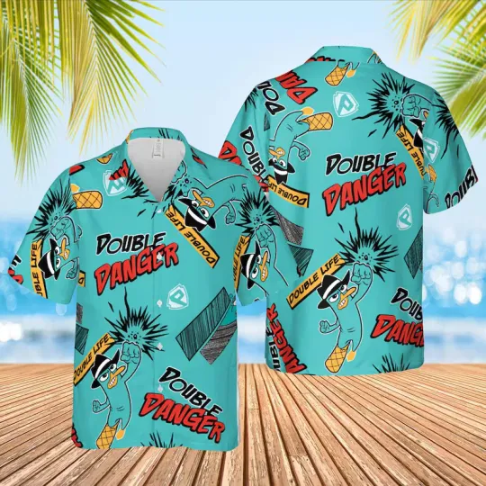 Disney Perry The Platypus In Phineas And Ferb Agent P Teal Hawaiian Shirt