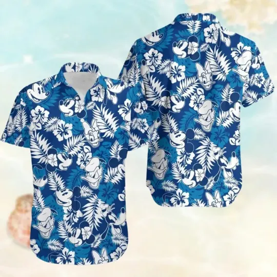 Discover Disney Mickey Flowers Floral Disneyland Funny Blue Aloha Hawaiian Shirt