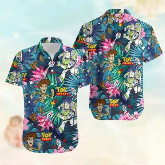 Disney Toy Story Friends Woody Buzz Lightyear Forky Beach Aloha Hawaiian Shirt