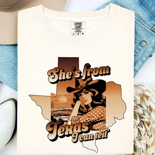 Discover Shes From Texas Cowgirl Graphic Tee, Retro Vintage Texas Cowgirl Shirt, Western Tee, Choosin Texas Shirt