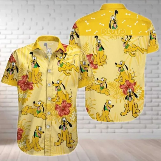 Discover Disney Cute Pluto Dog Tropical Hibiscus Flower Summer Vacation Hawaiian Shirt