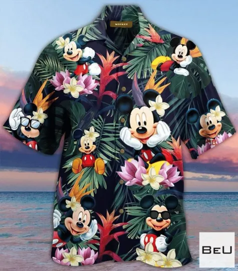 Discover Disney Mickey Mouse Cartoon Palm Tree Leaves Floral Aloha Hawaiian Shirt